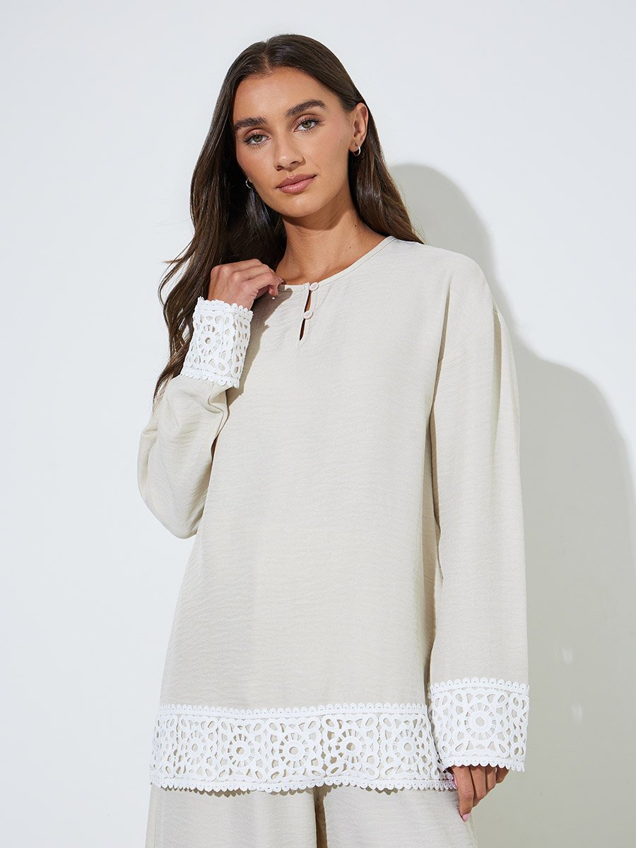 Beige Solid Lace Trims Blouse and Wide leg Trousers Co-Ord Set