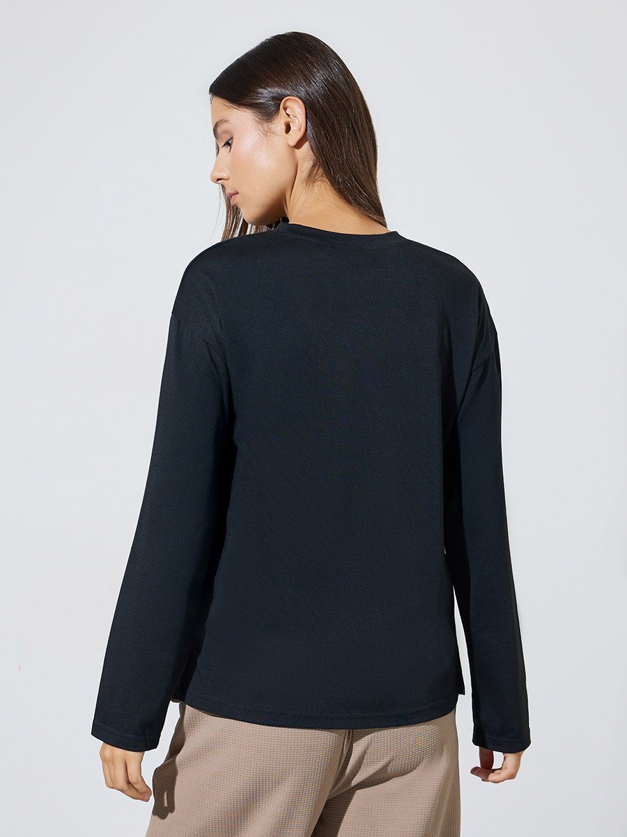 Black Solid Side Slit Long Sleeves Regular Fit T-Shirt
