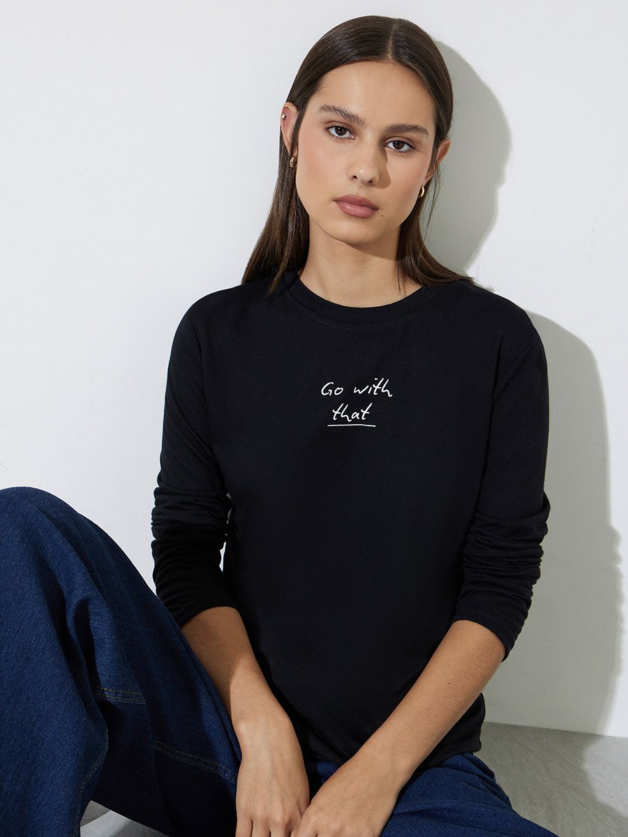 Black Long Sleeve Slogan T-Shirt