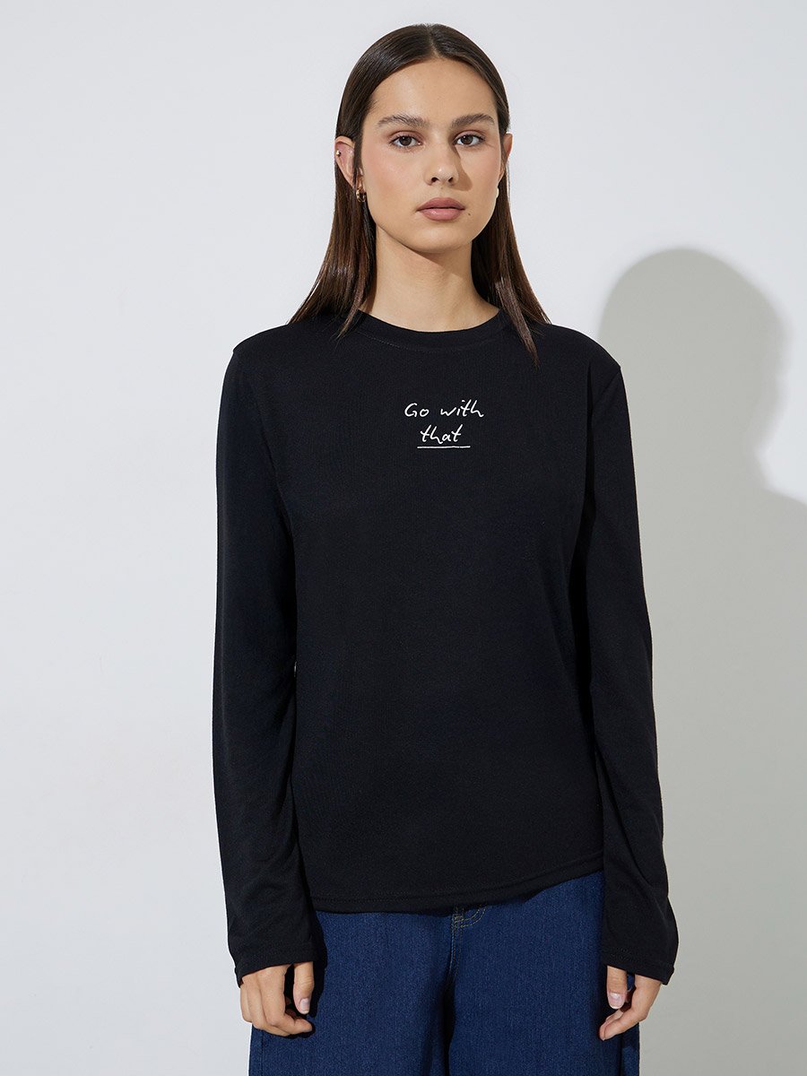 Black Long Sleeve Slogan T-Shirt