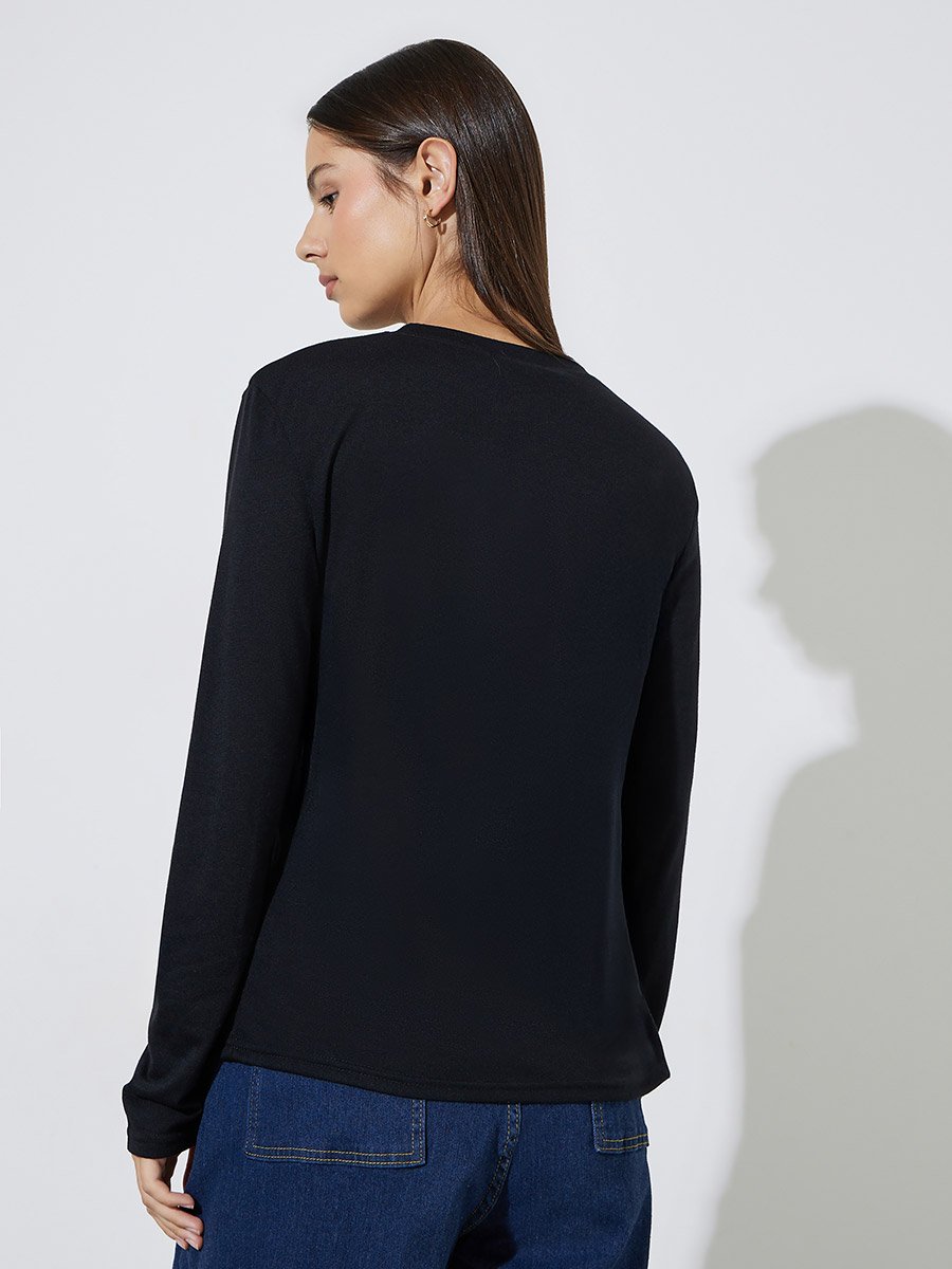 Black Long Sleeve Slogan T-Shirt