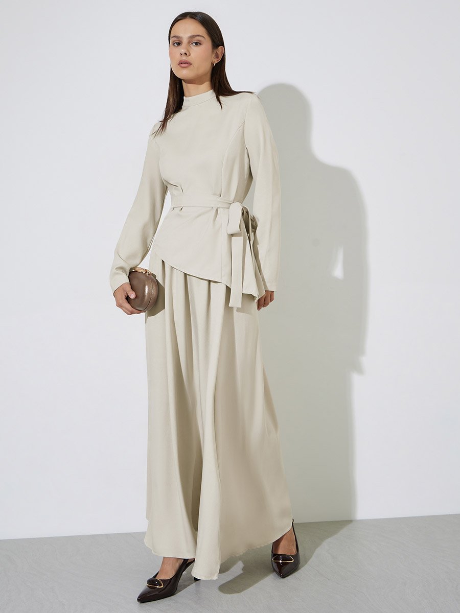 Beige Asymmetric Hem Tie-Belt Top and Maxi Skirt Set