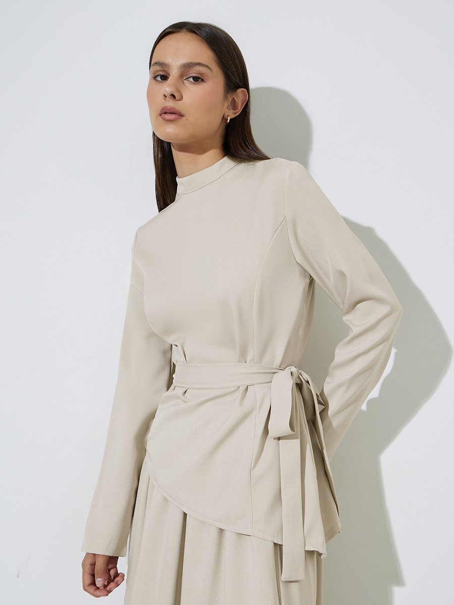 Beige Asymmetric Hem Tie-Belt Top and Maxi Skirt Set