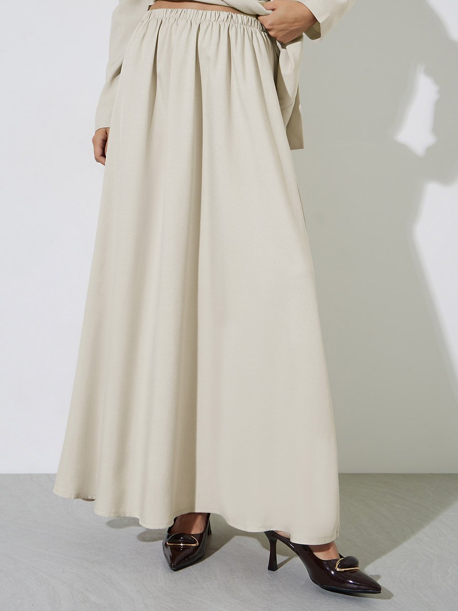 Beige Asymmetric Hem Tie-Belt Top and Maxi Skirt Set