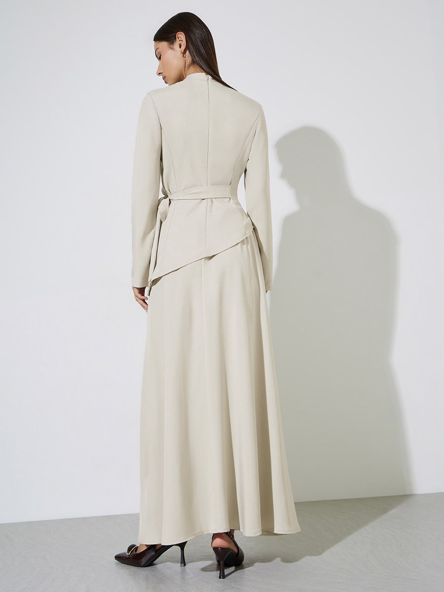 Beige Asymmetric Hem Tie-Belt Top and Maxi Skirt Set