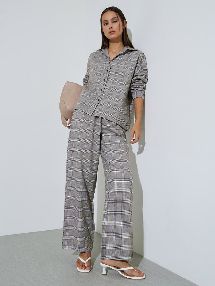 Multi-Color Checked Button-Up Shirt and Wide leg Trousers Set