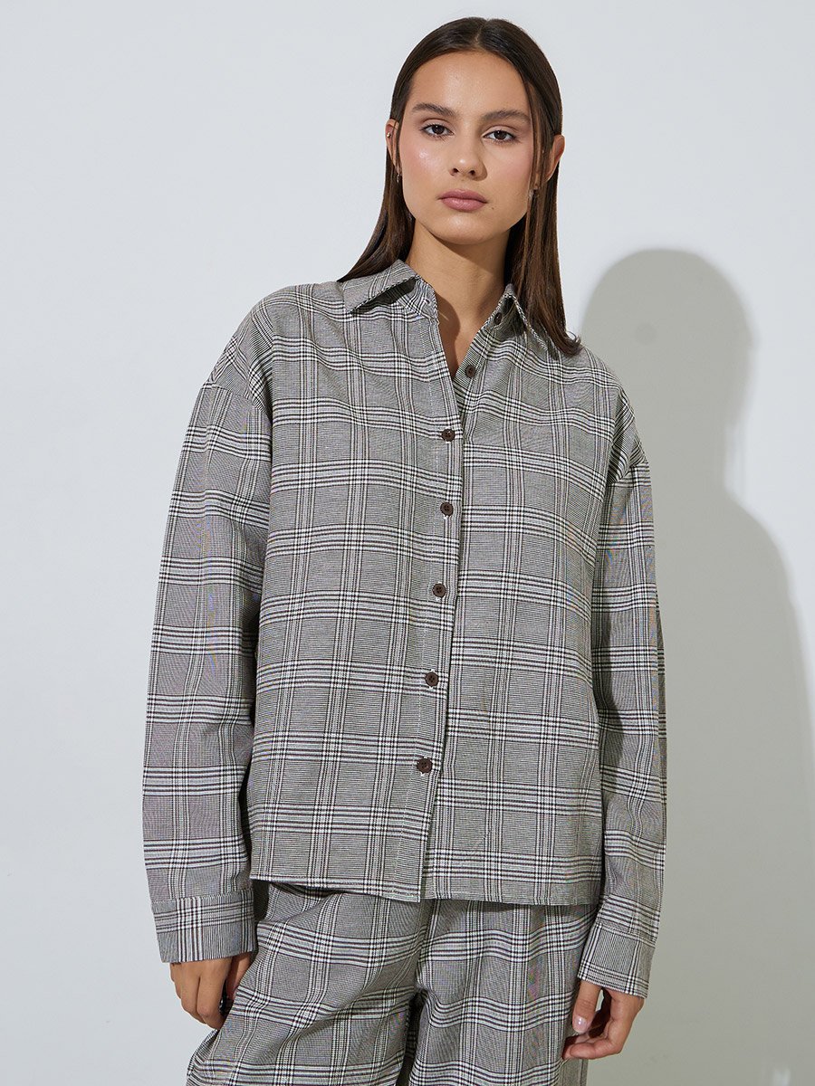 Multi-Color Checked Button-Up Shirt and Wide leg Trousers Set