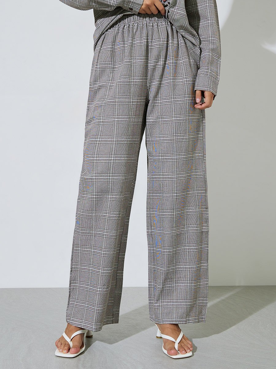 Multi-Color Checked Button-Up Shirt and Wide leg Trousers Set