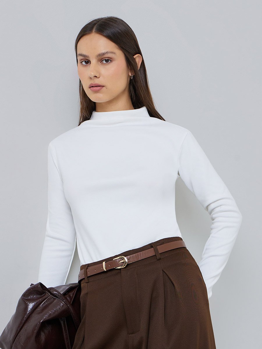 White Long Sleeve Mock Neck Knit Top