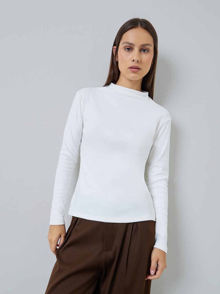 White Long Sleeve Mock Neck Knit Top