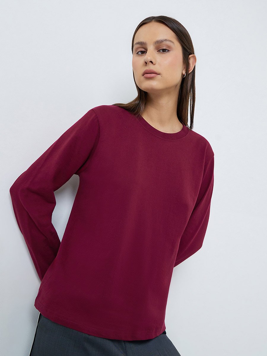 Burgundy Relaxed Fit Long Sleeve T-Shirt