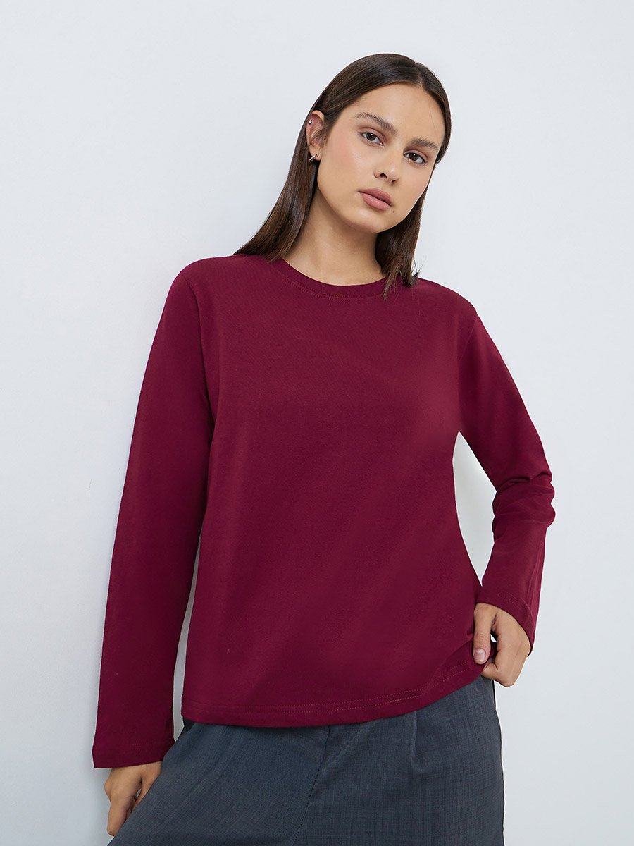 Burgundy Relaxed Fit Long Sleeve T-Shirt