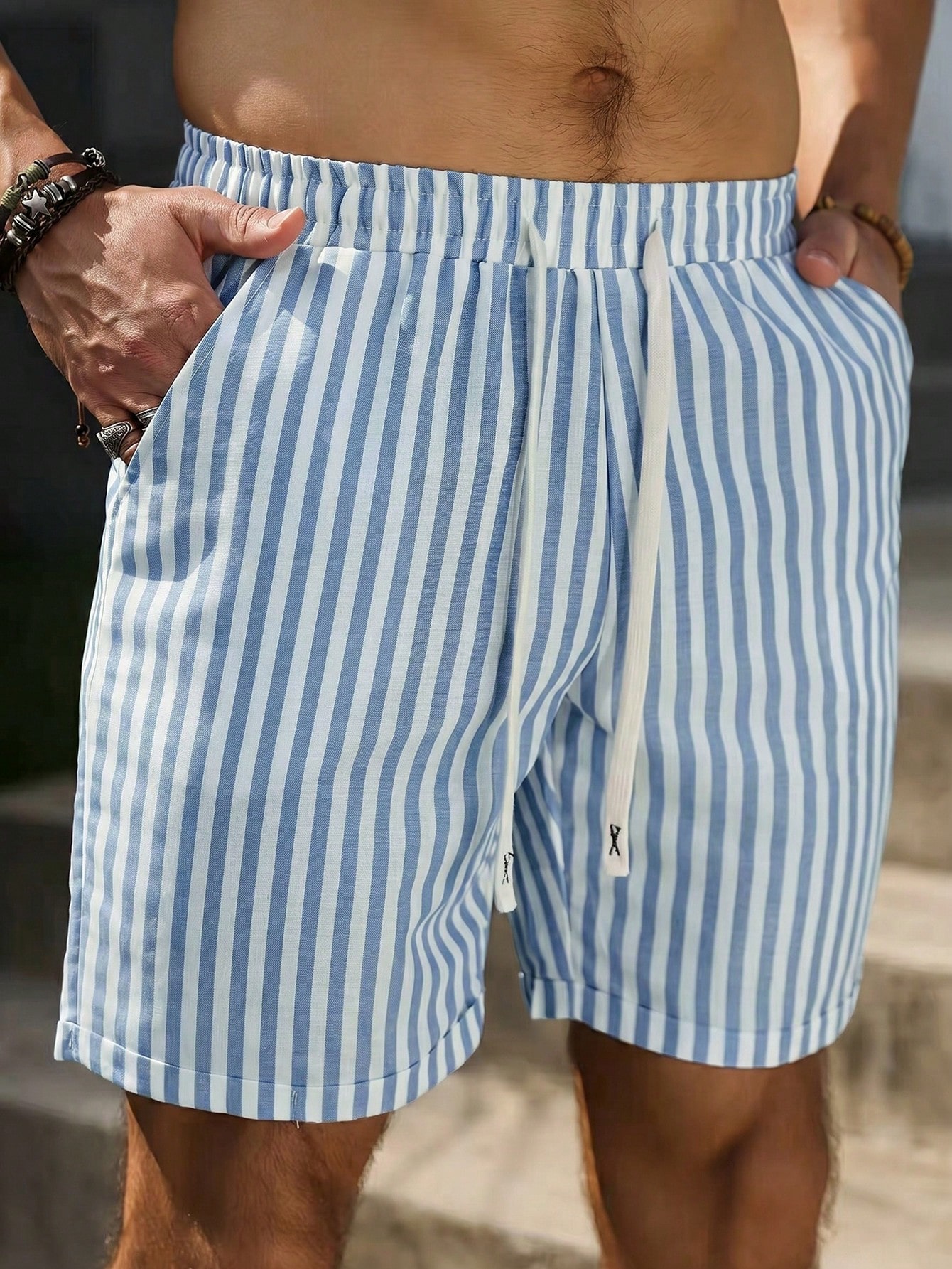 Light Blue Striped Drawstring Waist Casual Shorts