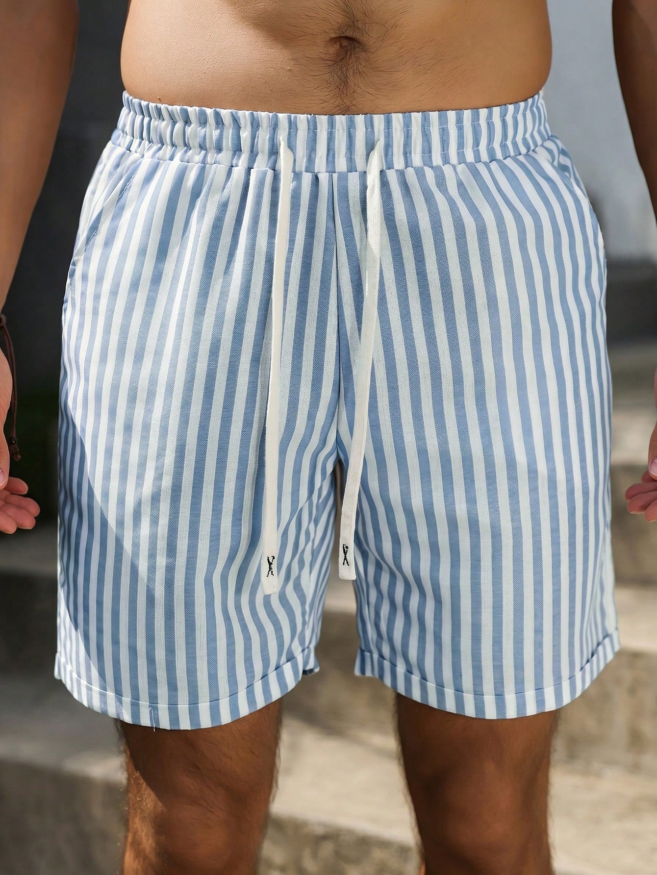 Light Blue Striped Drawstring Waist Casual Shorts
