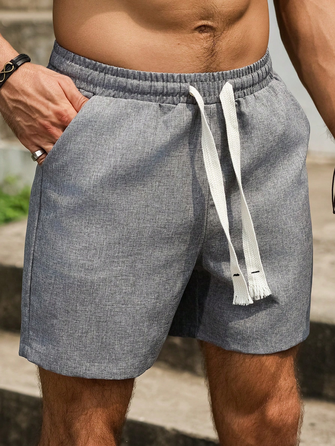 Grey Solid Drawstring Shorts