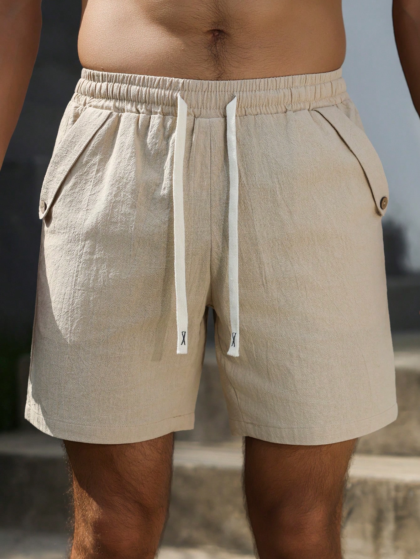 Khaki Plain Cotton Drawstring Shorts