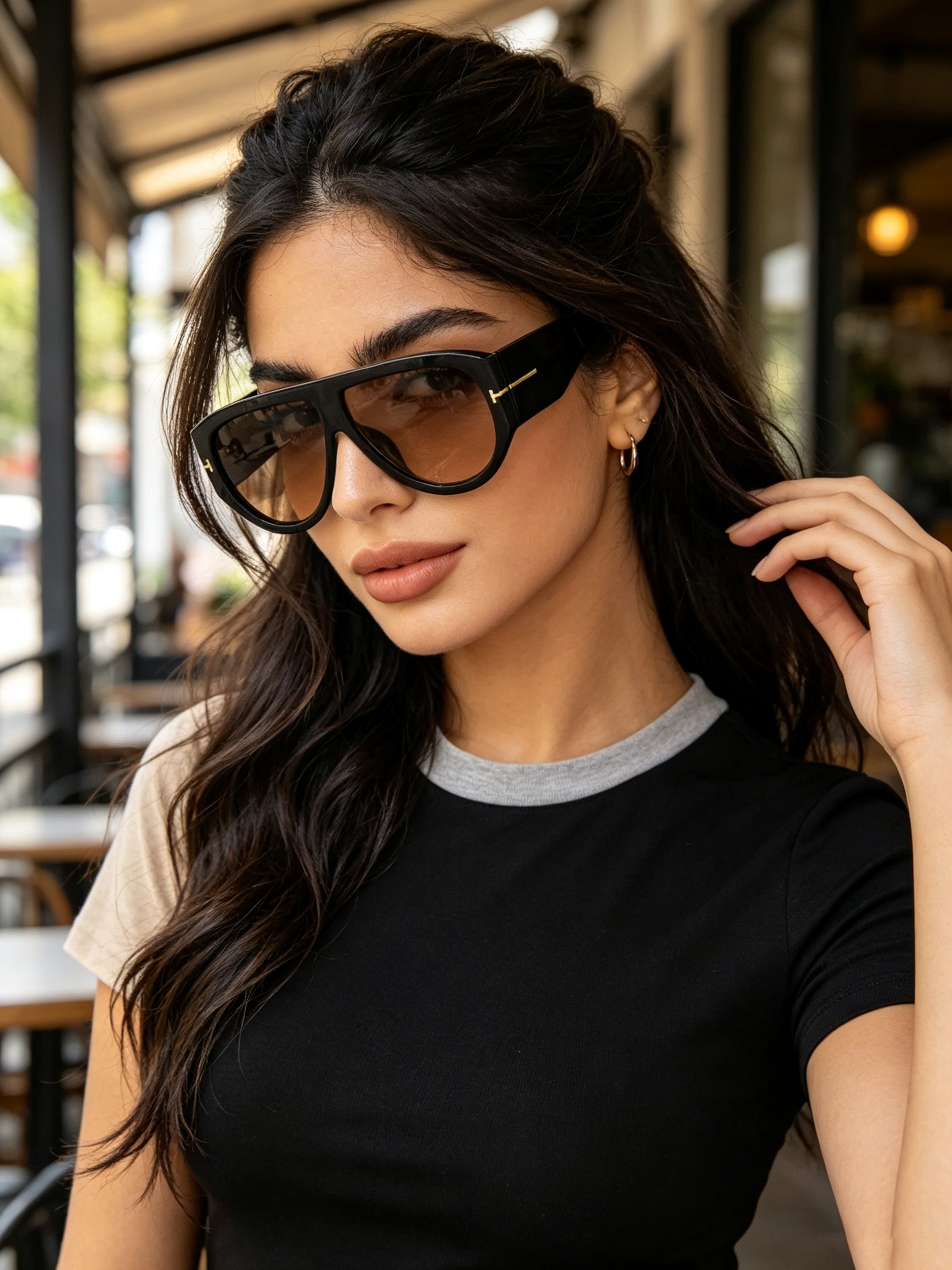 Black Shield Sunglasses with Gold Tone Detail
