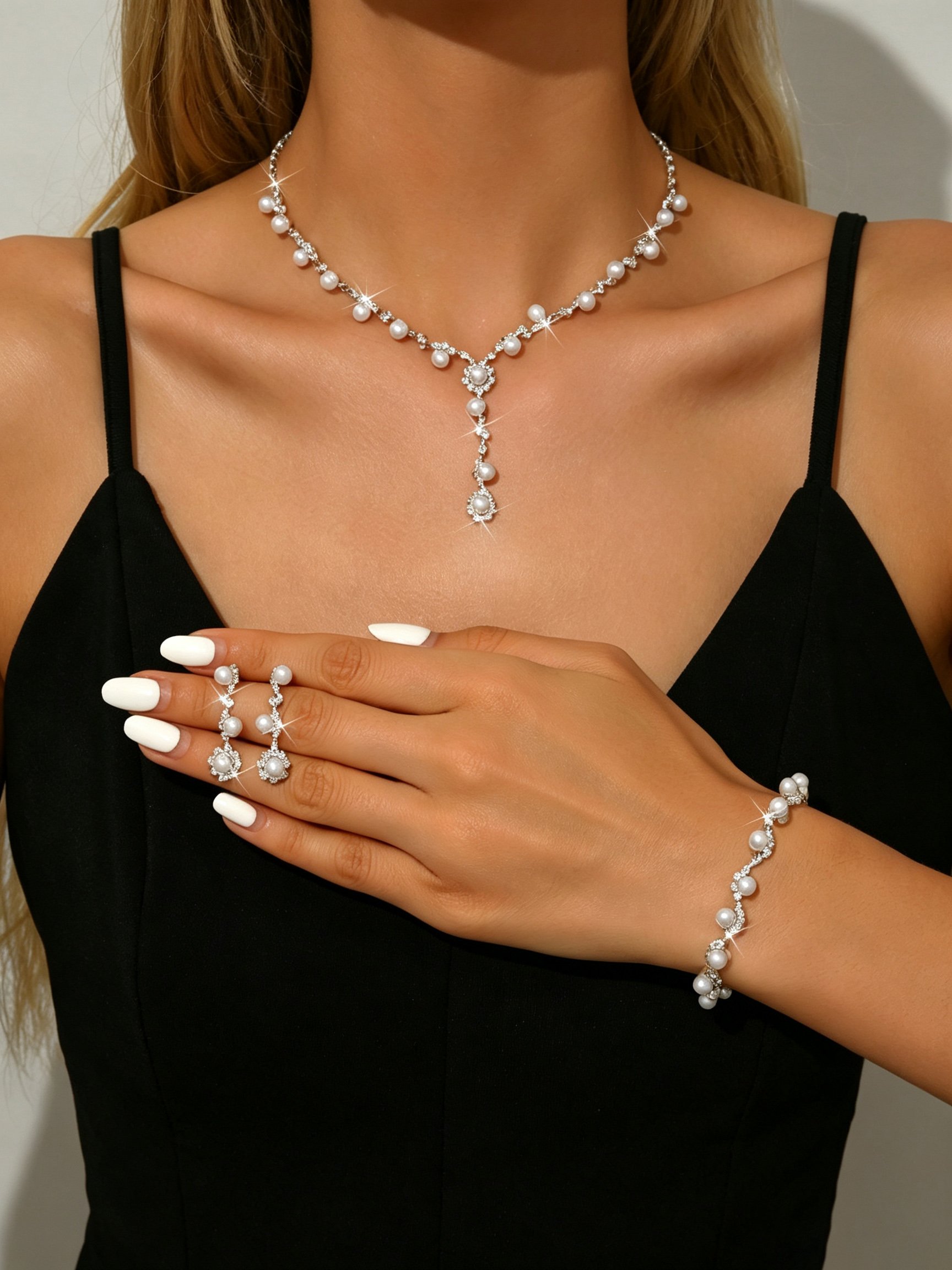 Silver Pearl and Rhinestone Jewelry Set - Necklace, Earrings, Bracelet (3-Piece)