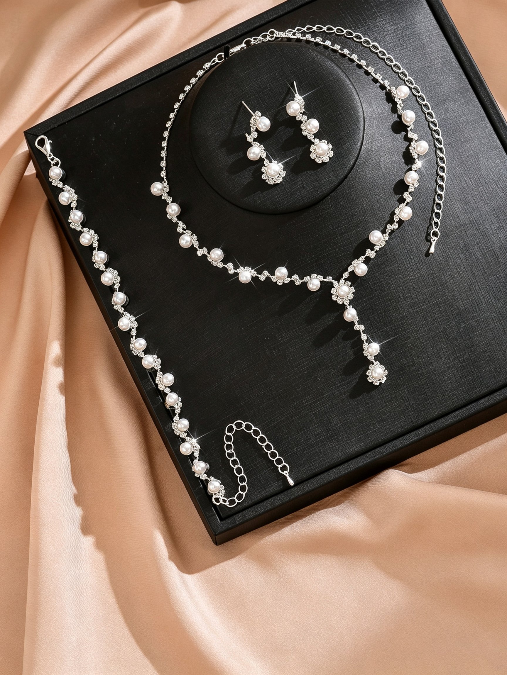 Silver Pearl and Rhinestone Jewelry Set - Necklace, Earrings, Bracelet (3-Piece)