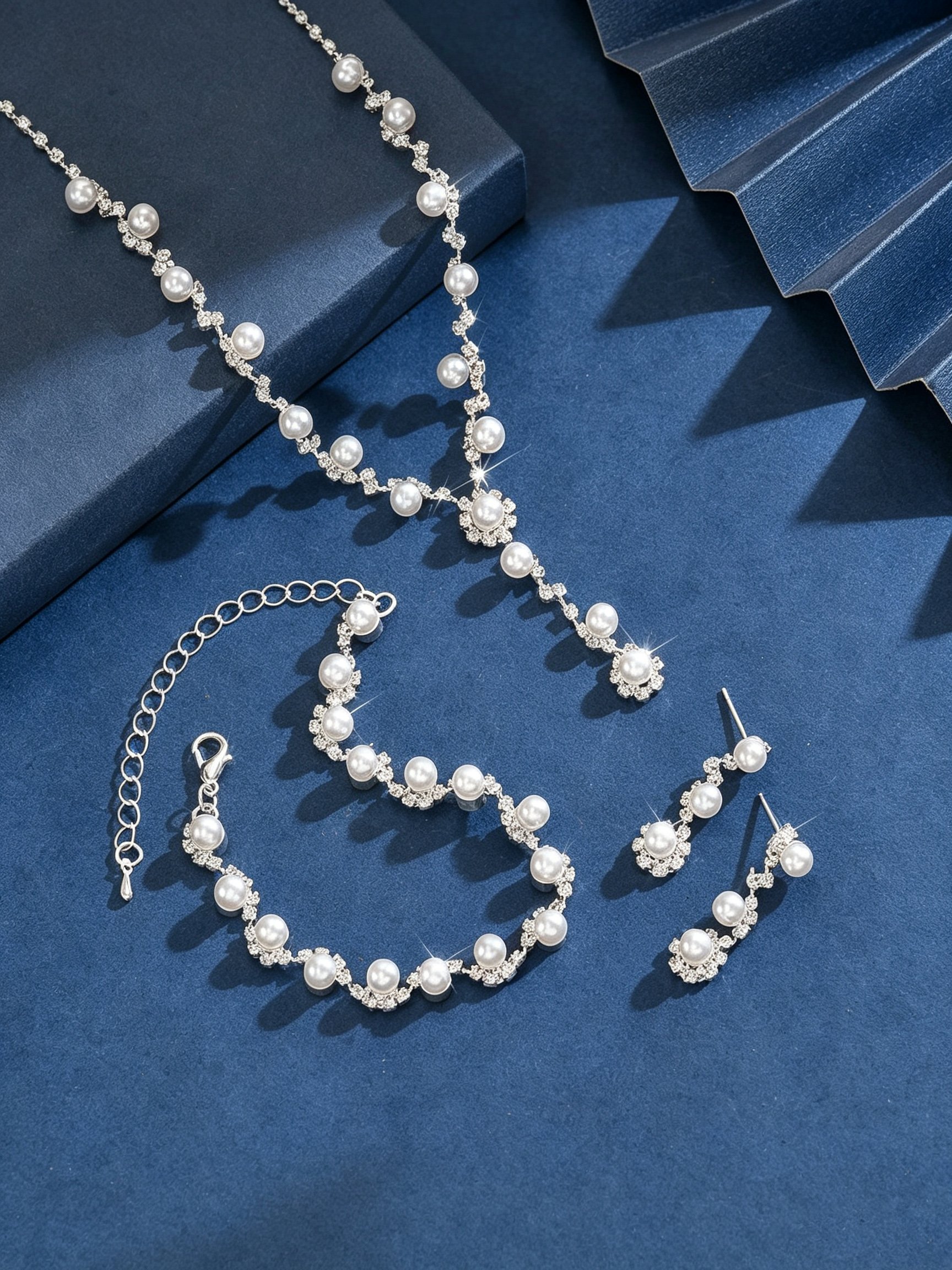 Silver Pearl and Rhinestone Jewelry Set - Necklace, Earrings, Bracelet (3-Piece)