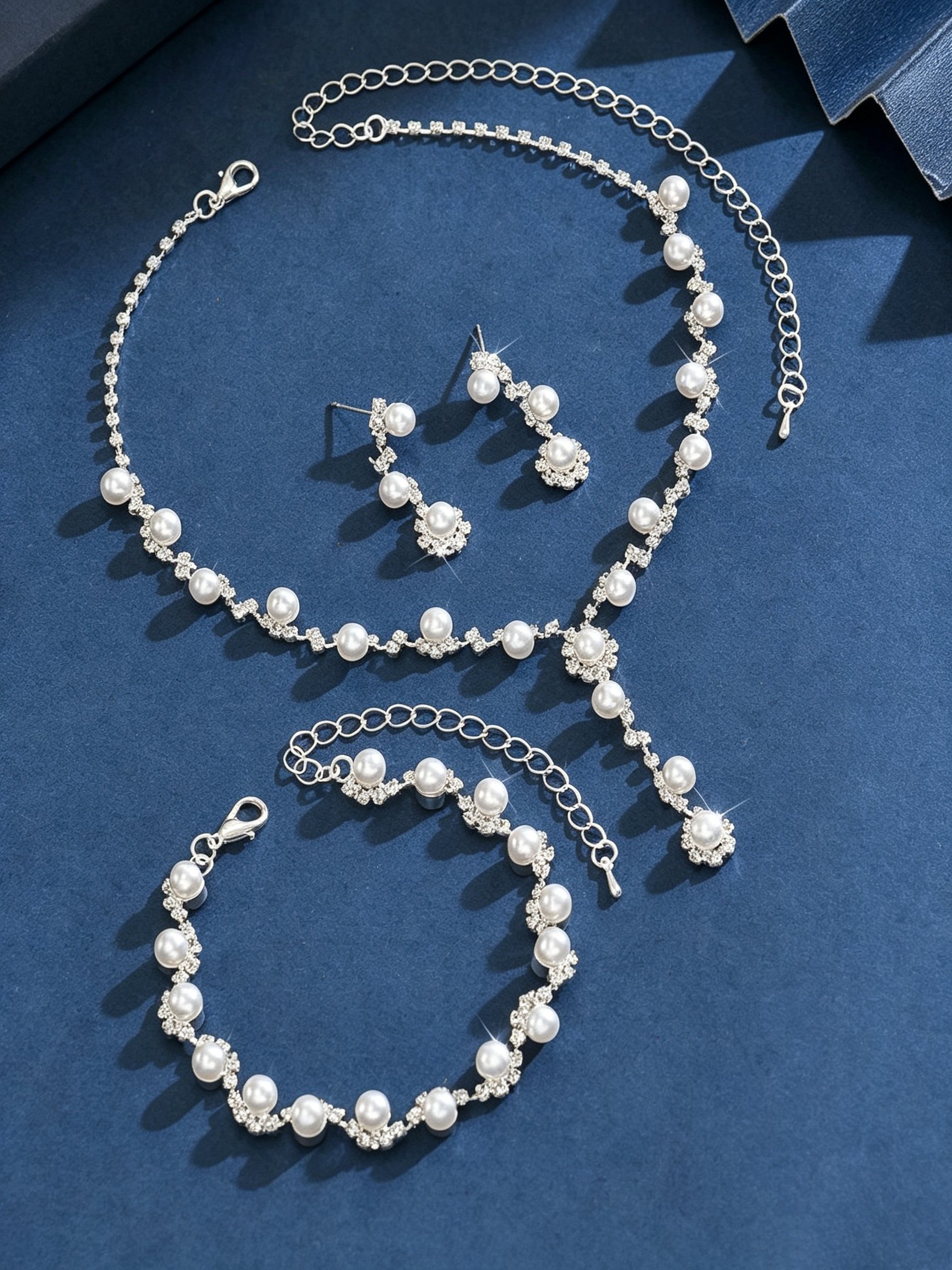 Silver Pearl and Rhinestone Jewelry Set - Necklace, Earrings, Bracelet (3-Piece)