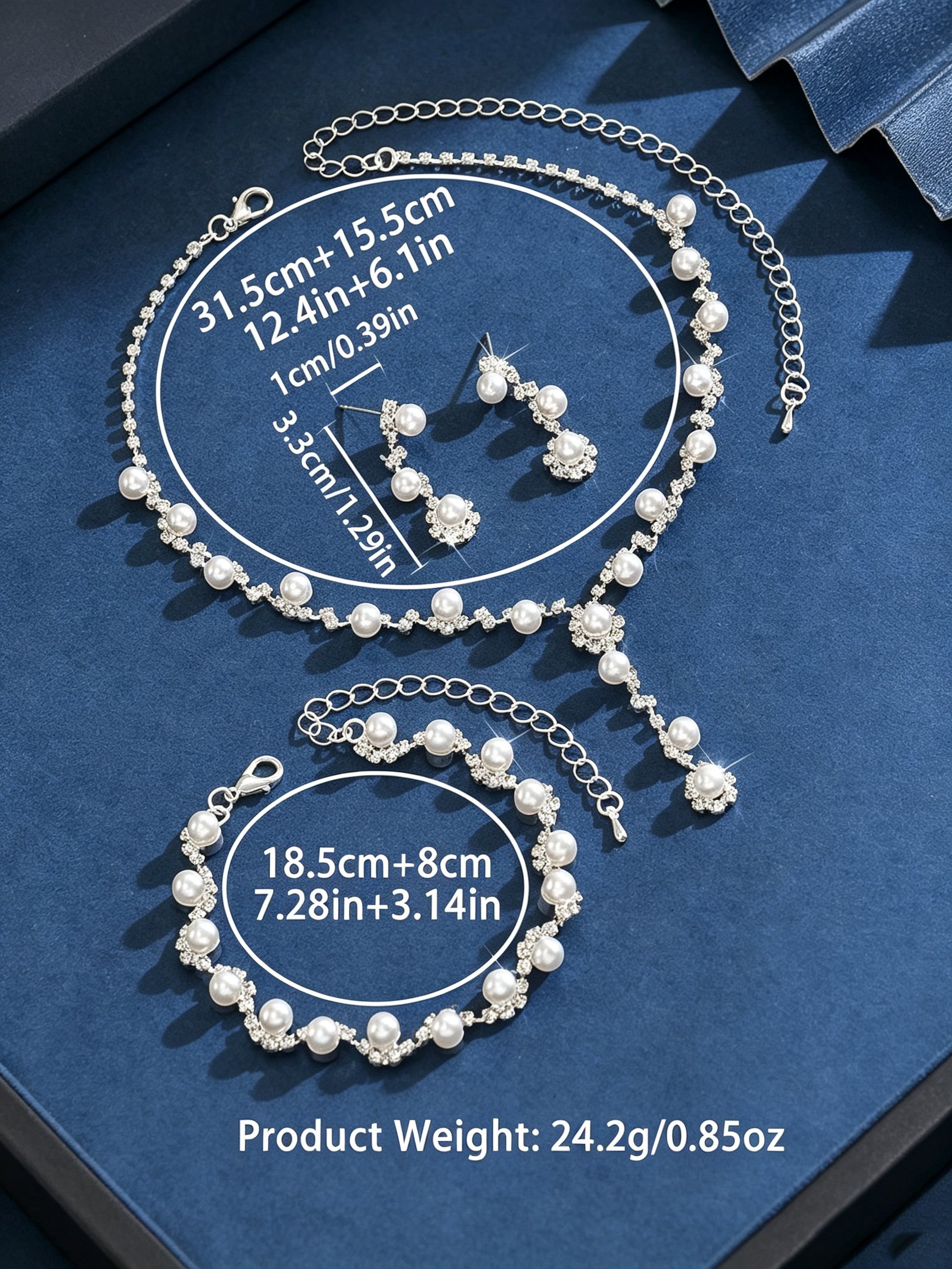 Silver Pearl and Rhinestone Jewelry Set - Necklace, Earrings, Bracelet (3-Piece)