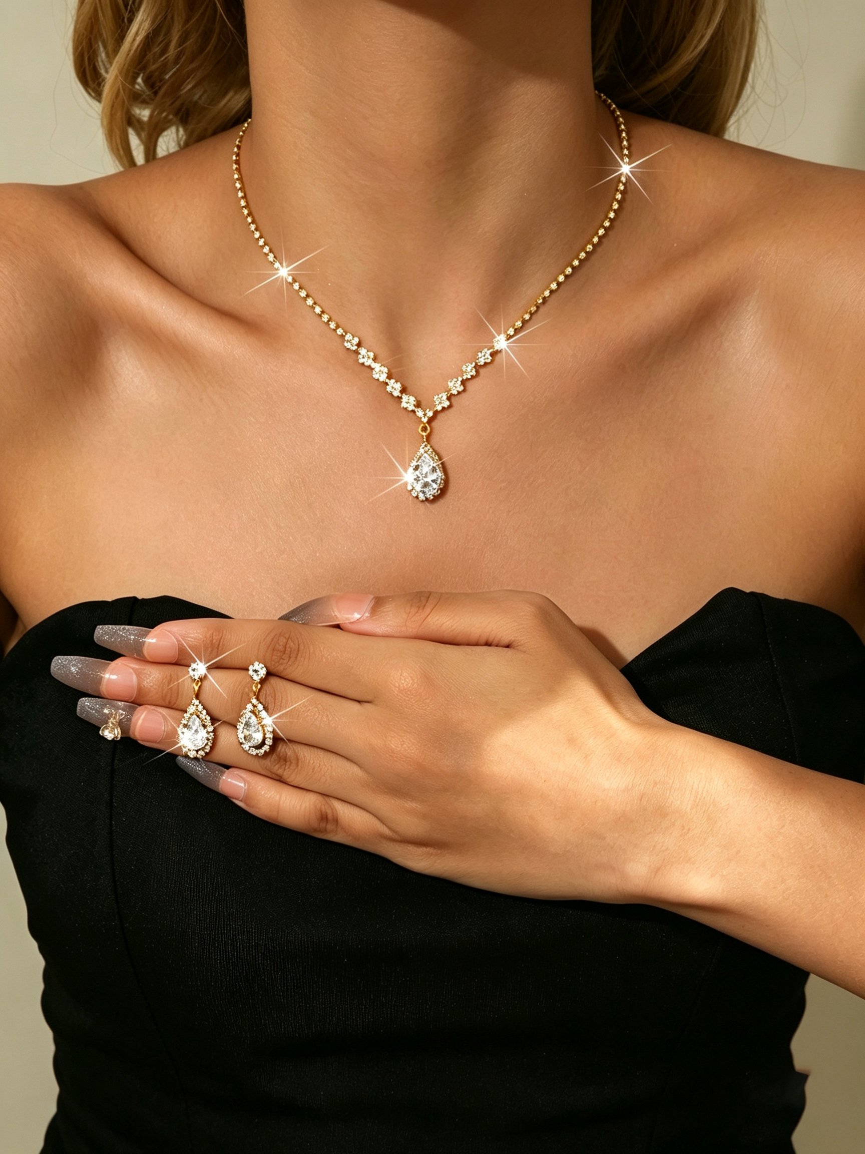 Gold Plated Crystal Teardrop Necklace and Earrings Set for Parties.