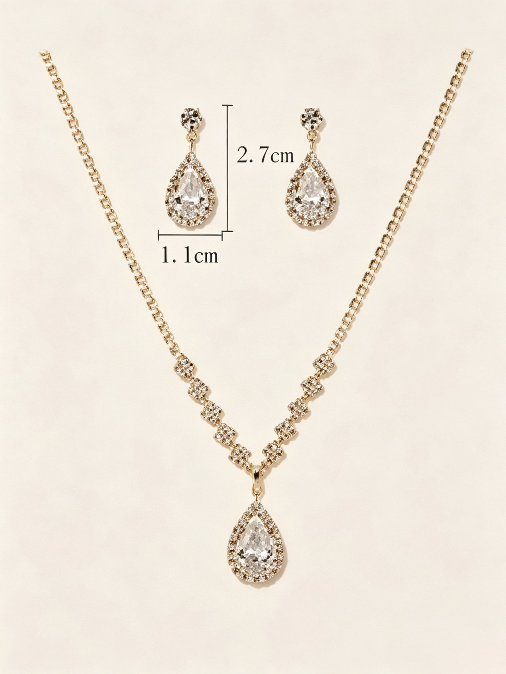 Gold Plated Crystal Teardrop Necklace and Earrings Set for Parties.