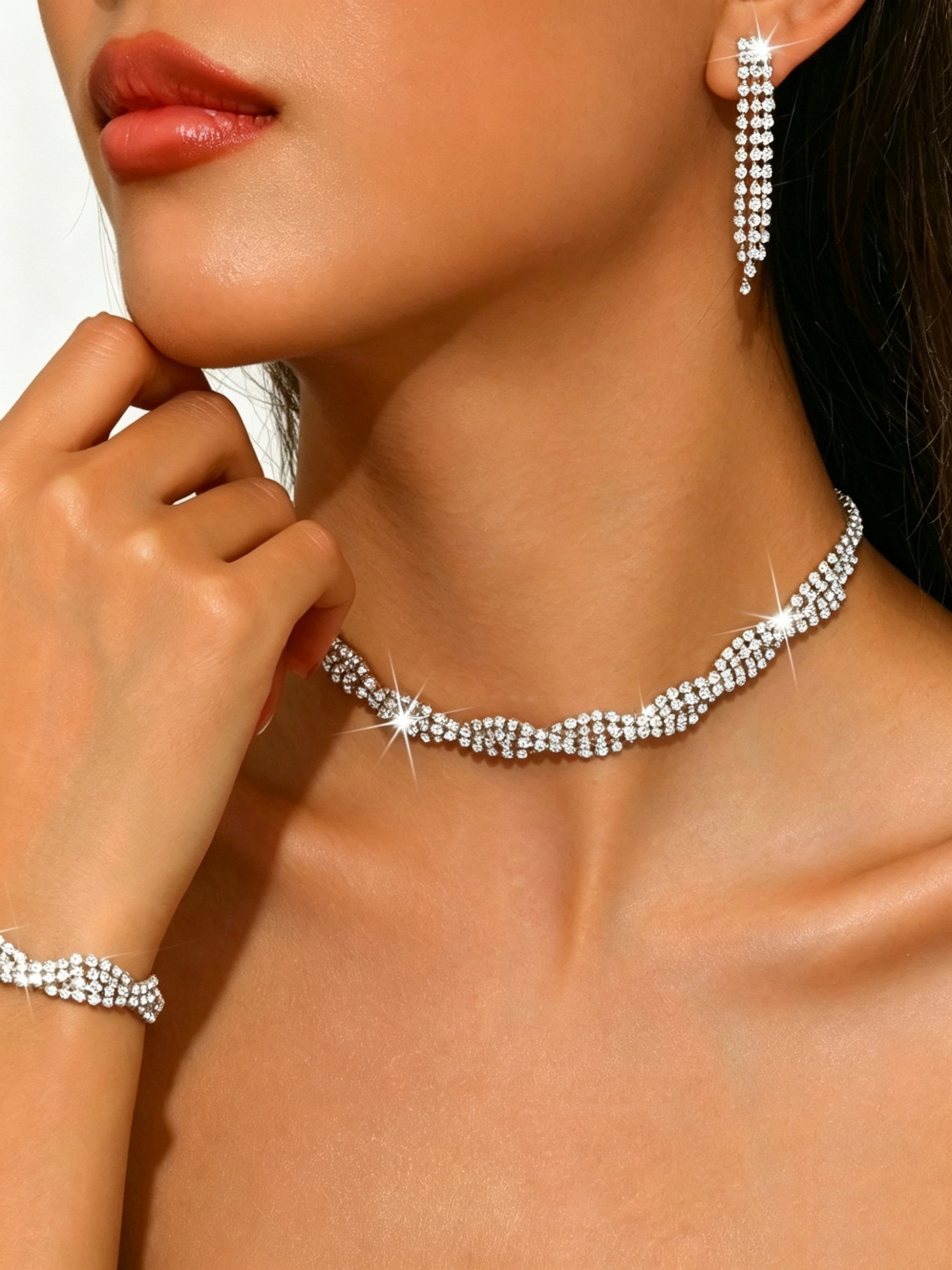 Silver Rhinestone Party Jewelry Set - Necklace, Earrings and Bracelet.