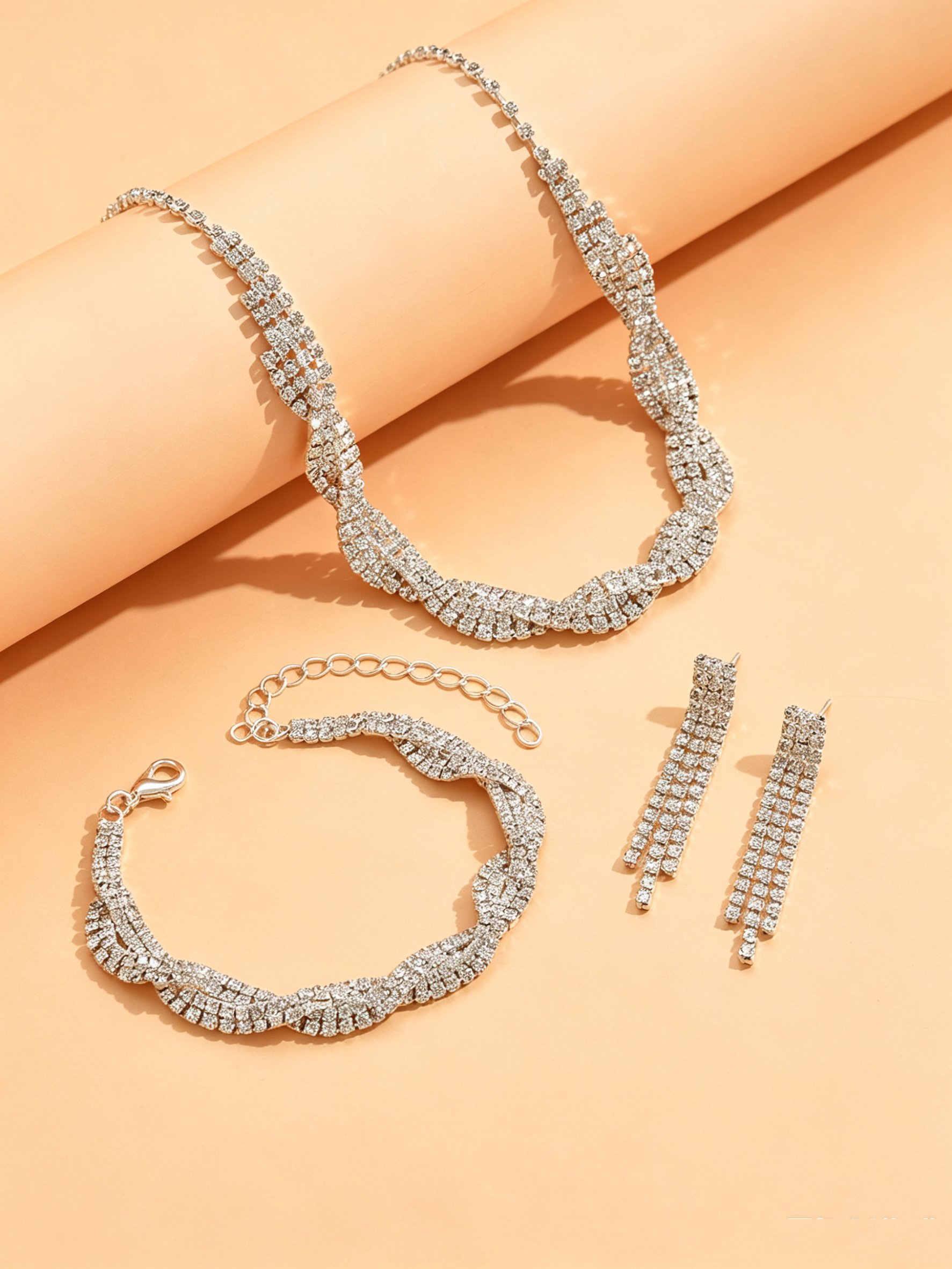 Silver Rhinestone Party Jewelry Set - Necklace, Earrings and Bracelet.