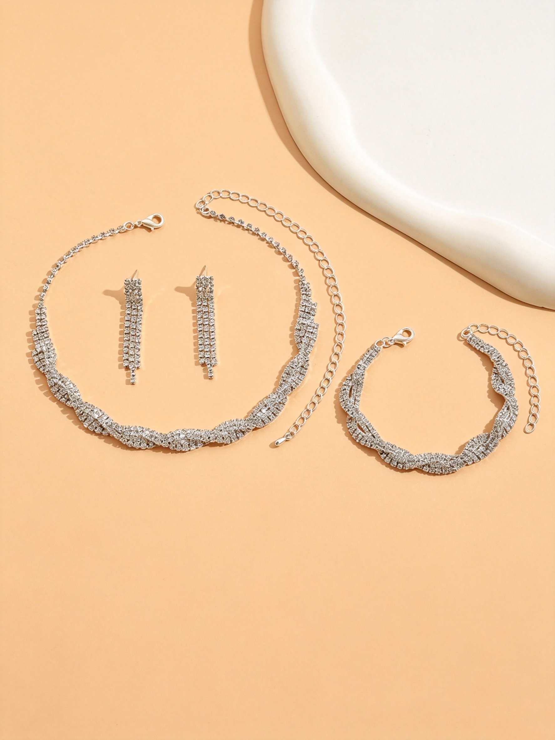 Silver Rhinestone Party Jewelry Set - Necklace, Earrings and Bracelet.