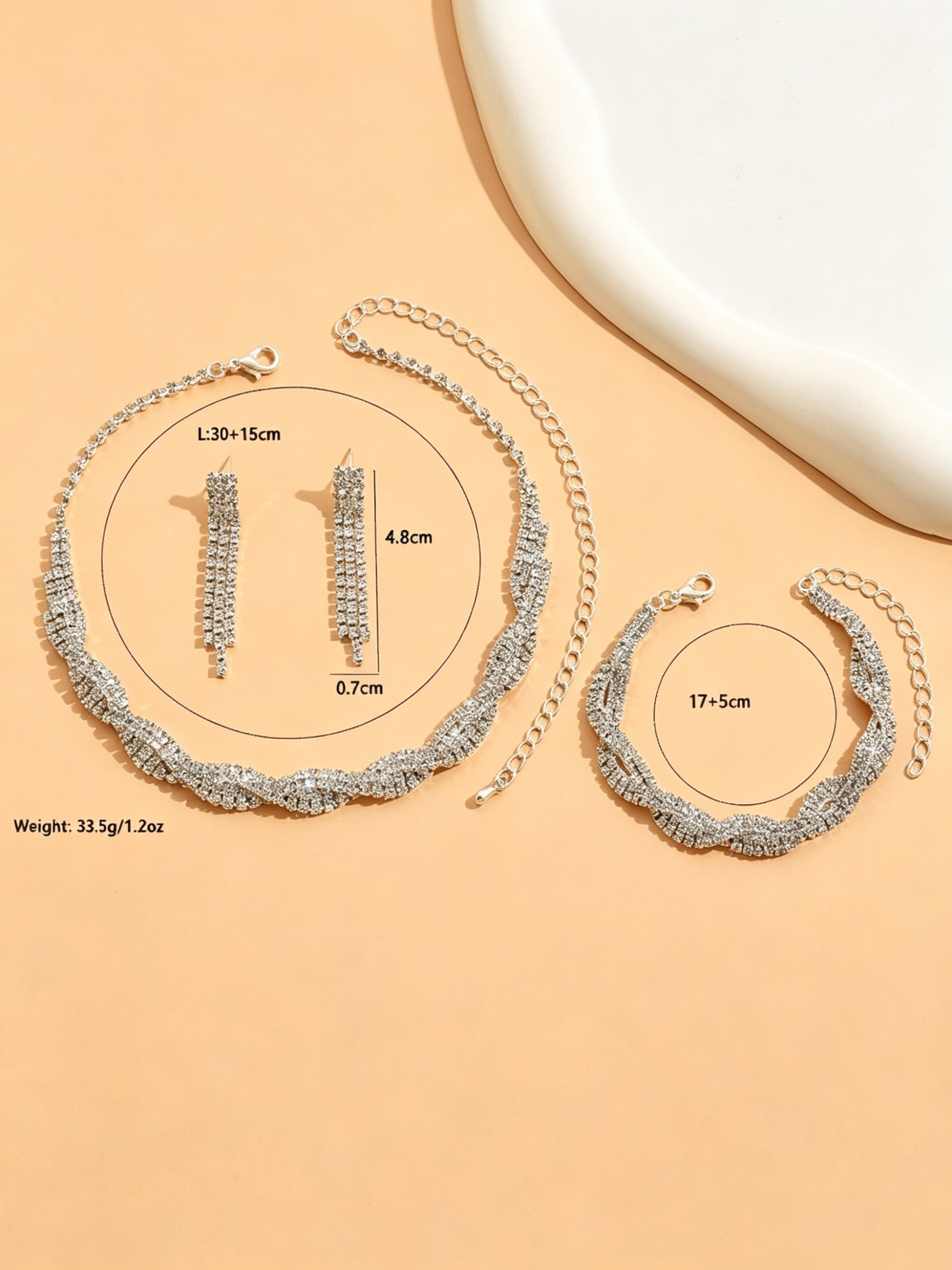 Silver Rhinestone Party Jewelry Set - Necklace, Earrings and Bracelet.