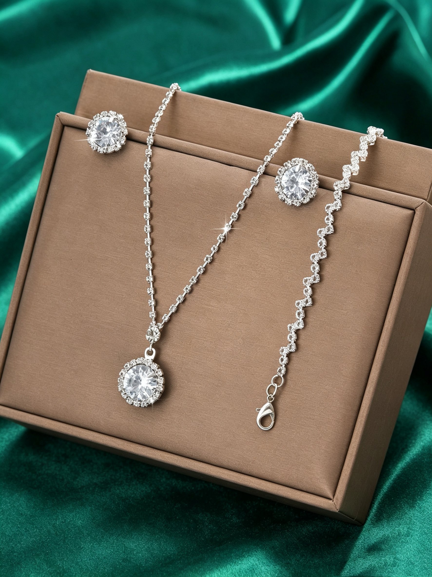 Glamorous Silver Crystal Necklace, Earrings and Bracelet Set for Parties.