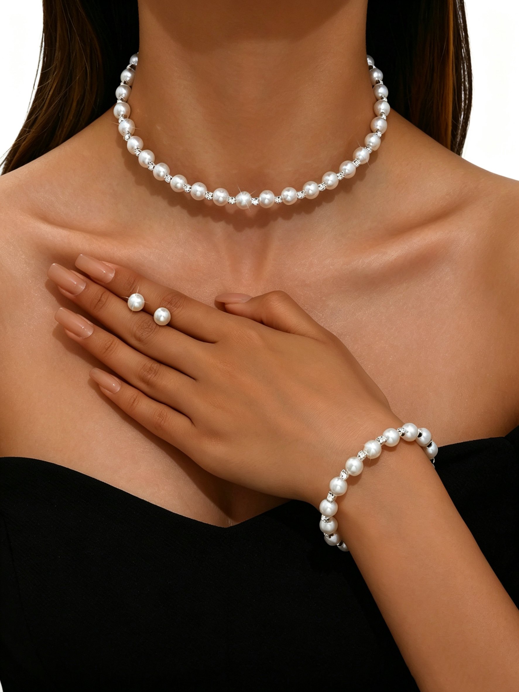 Pearl and Silver Party Jewelry Set (Necklace, Earrings, Bracelet) - 3 Pieces.