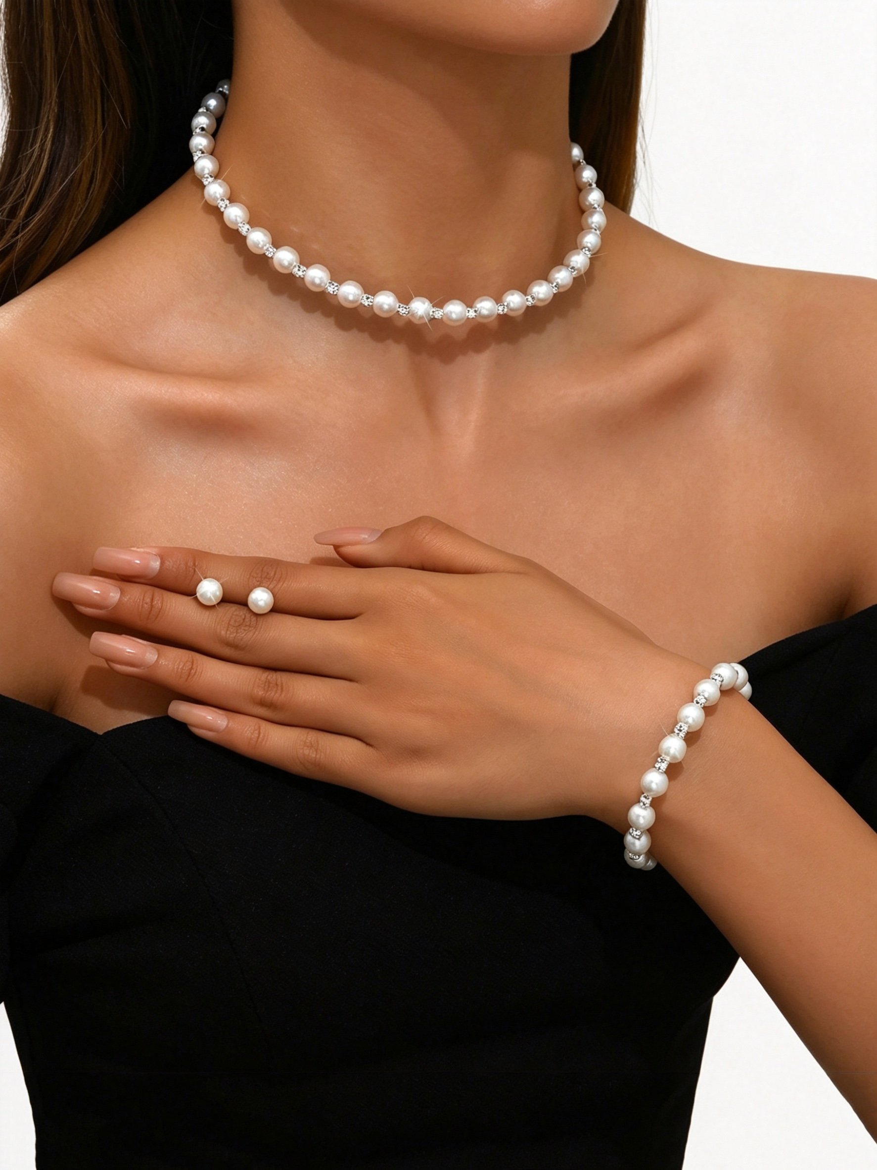 Pearl and Silver Party Jewelry Set (Necklace, Earrings, Bracelet) - 3 Pieces.