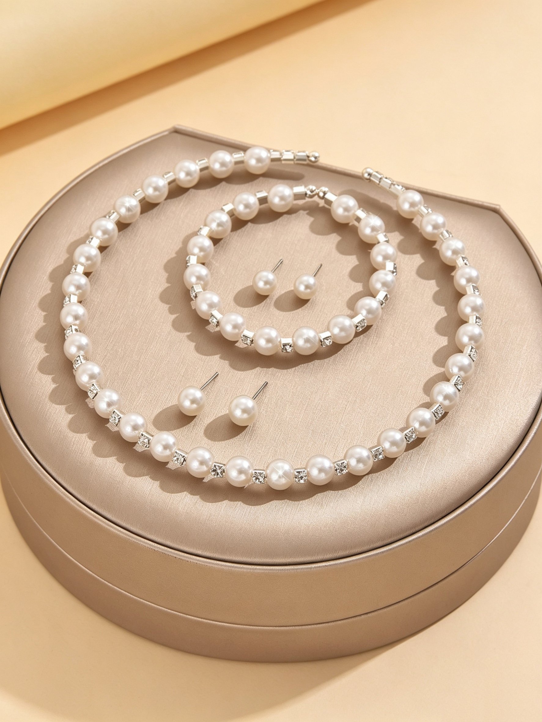 Pearl and Silver Party Jewelry Set (Necklace, Earrings, Bracelet) - 3 Pieces.