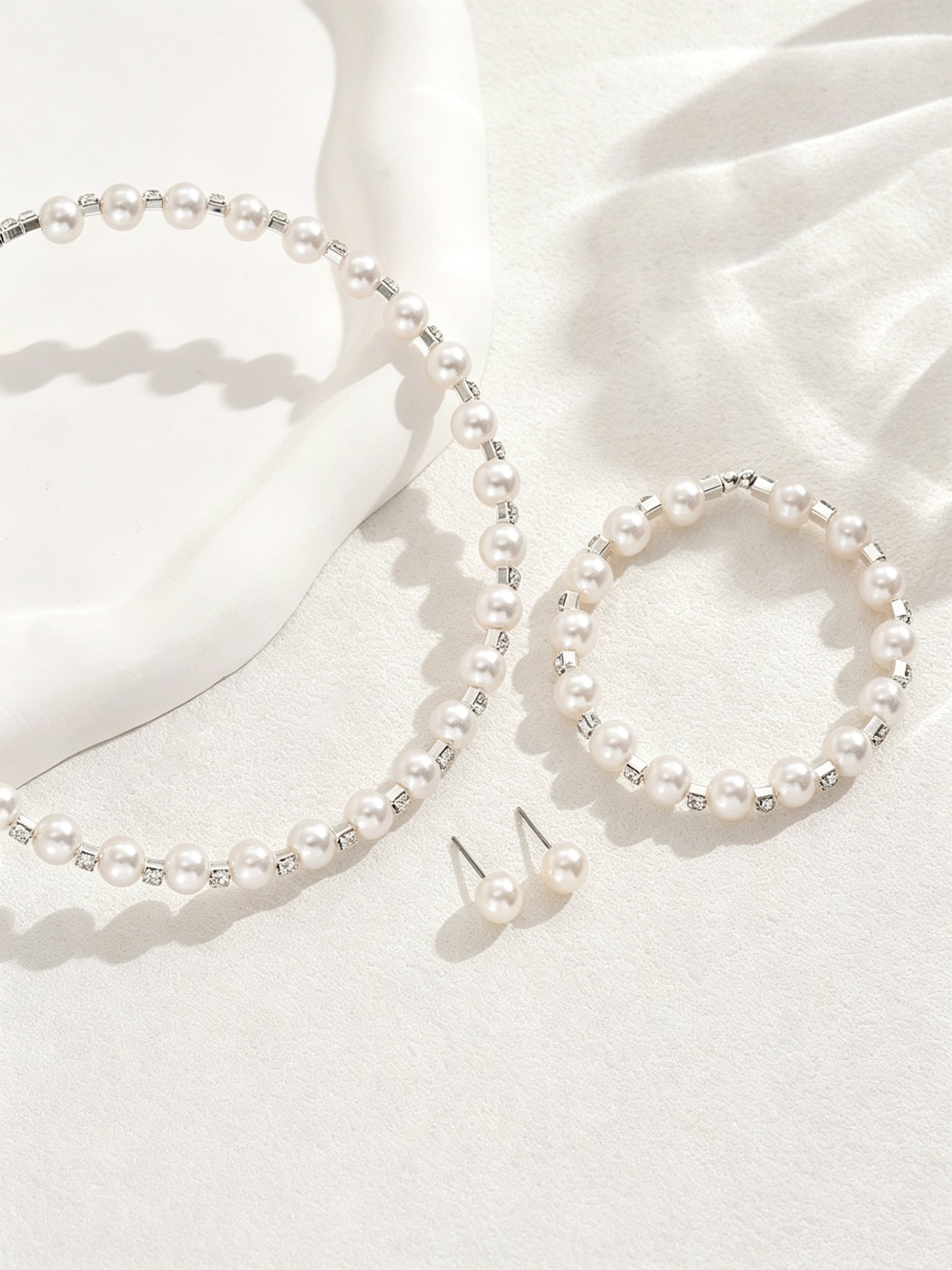 Pearl and Silver Party Jewelry Set (Necklace, Earrings, Bracelet) - 3 Pieces.
