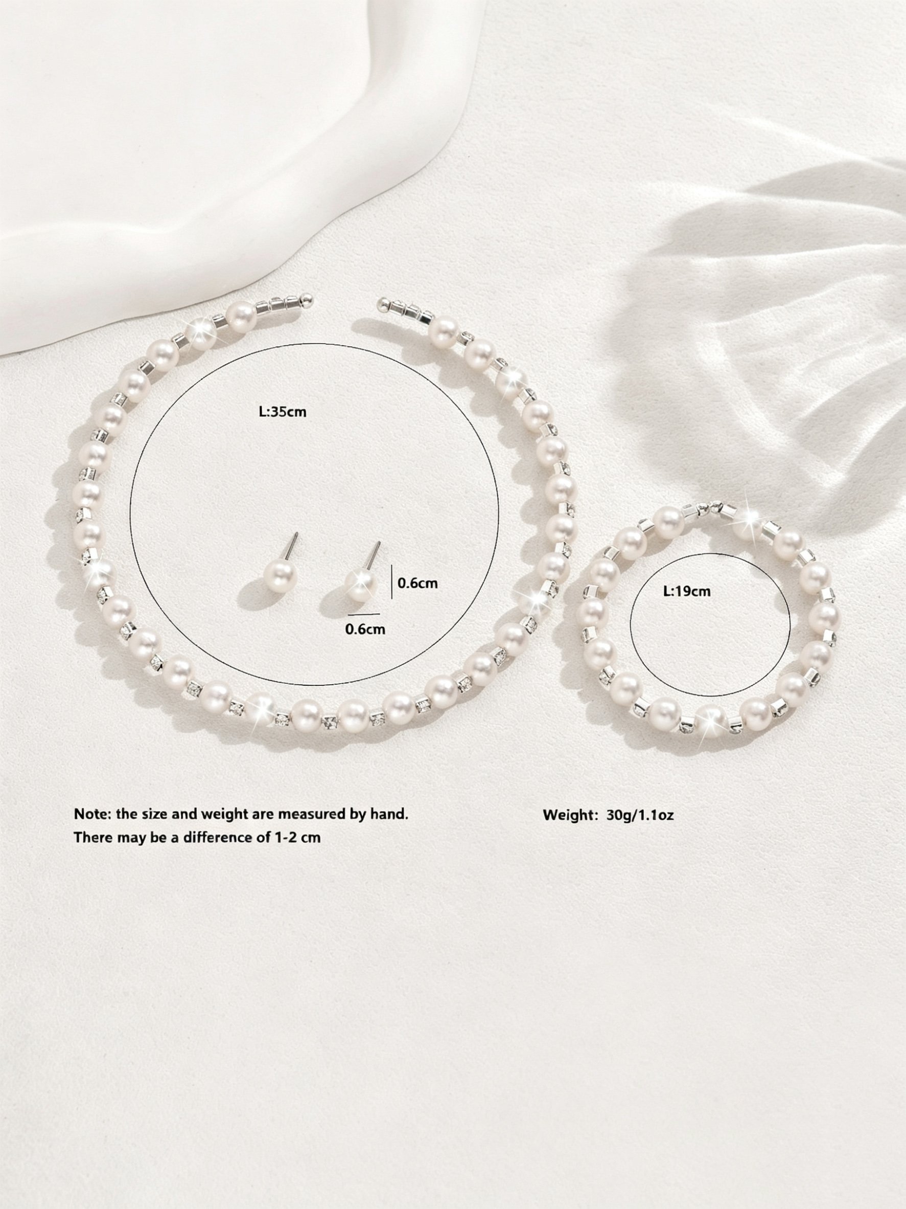 Pearl and Silver Party Jewelry Set (Necklace, Earrings, Bracelet) - 3 Pieces.