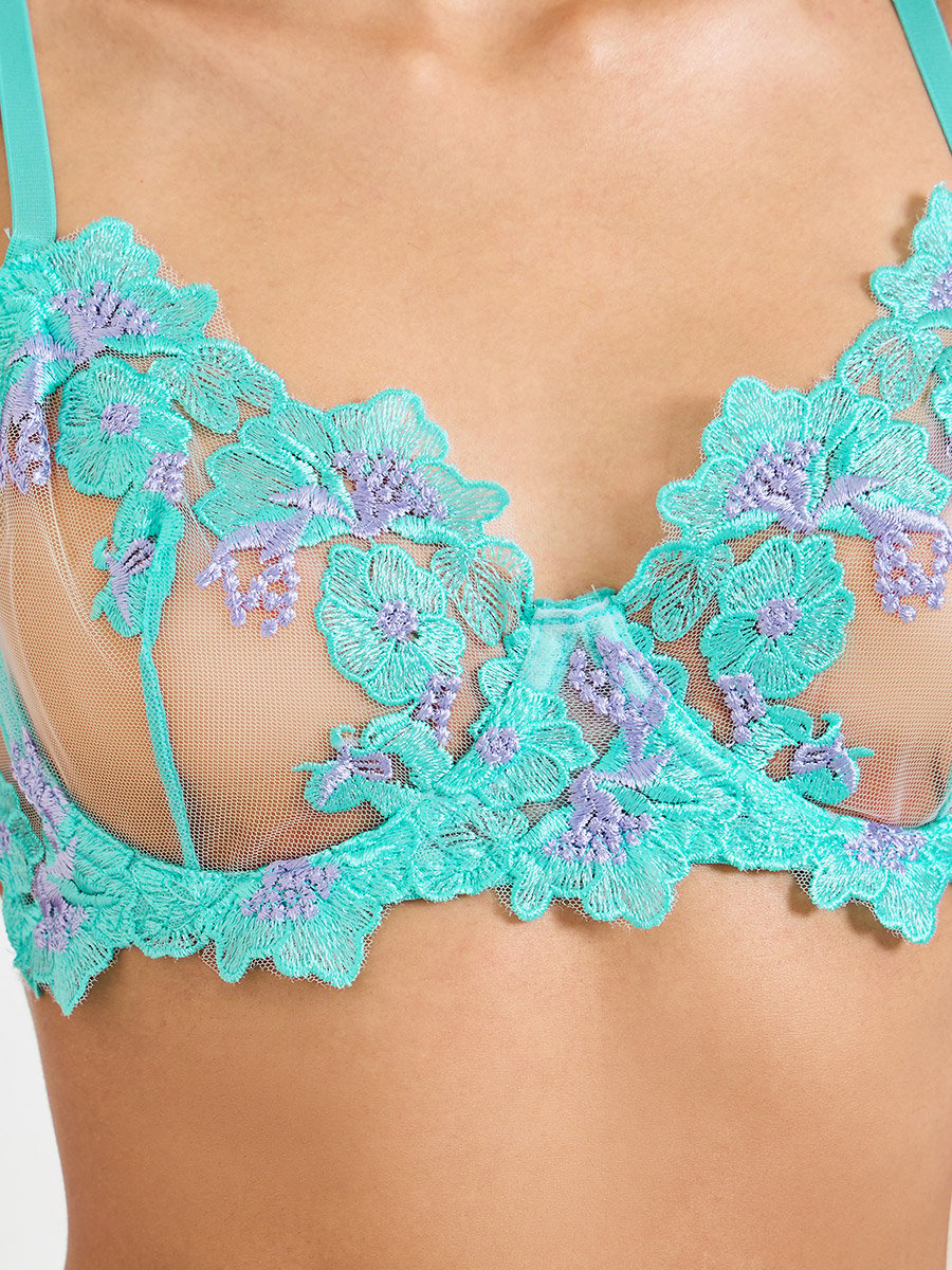 Embroidered Bralette and Thong Lingerie Set - Aqua and Lilac