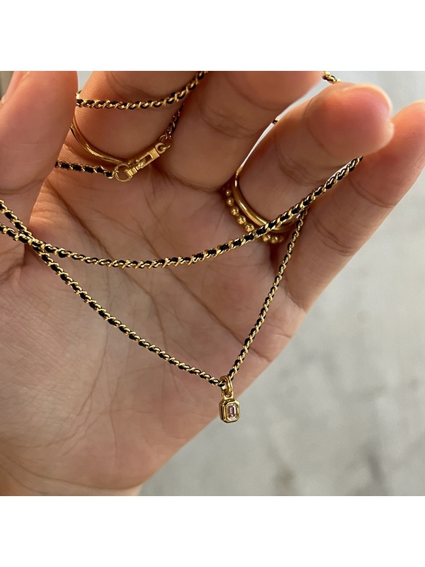 Gold Tone and Black Chain Necklace with Rhinestone Pendant