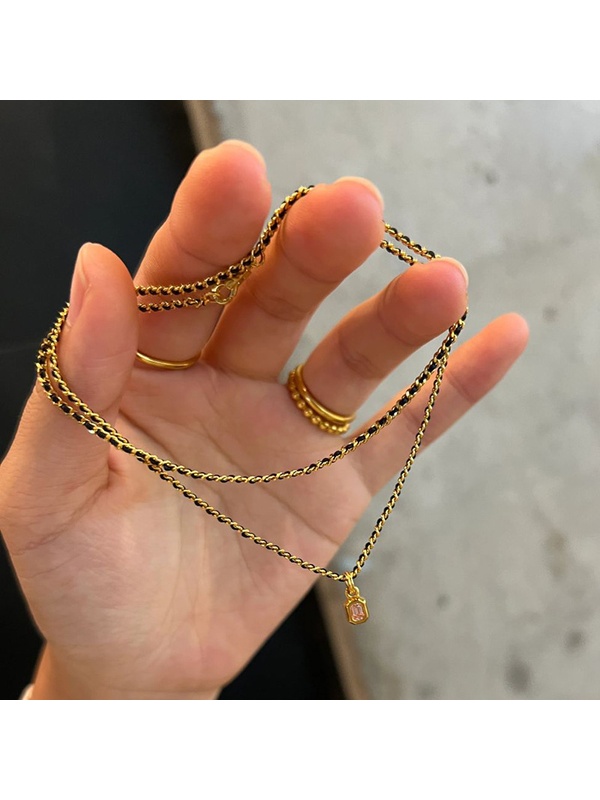 Gold Tone and Black Chain Necklace with Rhinestone Pendant