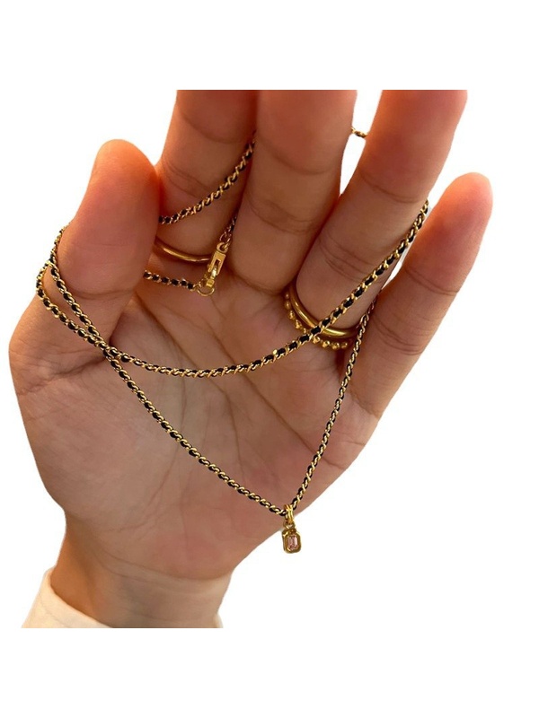 Gold Tone and Black Chain Necklace with Rhinestone Pendant