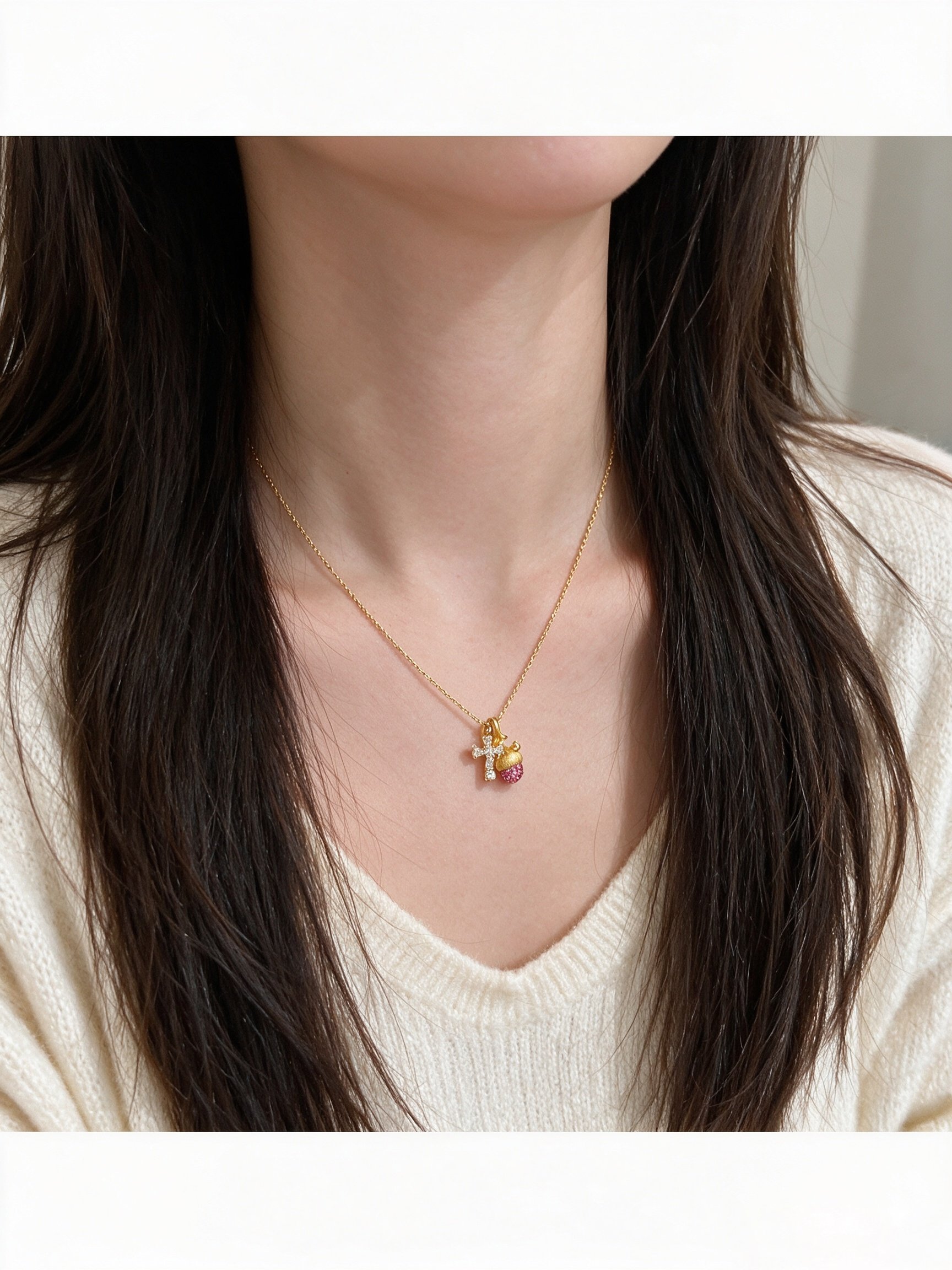 Golden Cross and Pink Acorn Charm Necklace