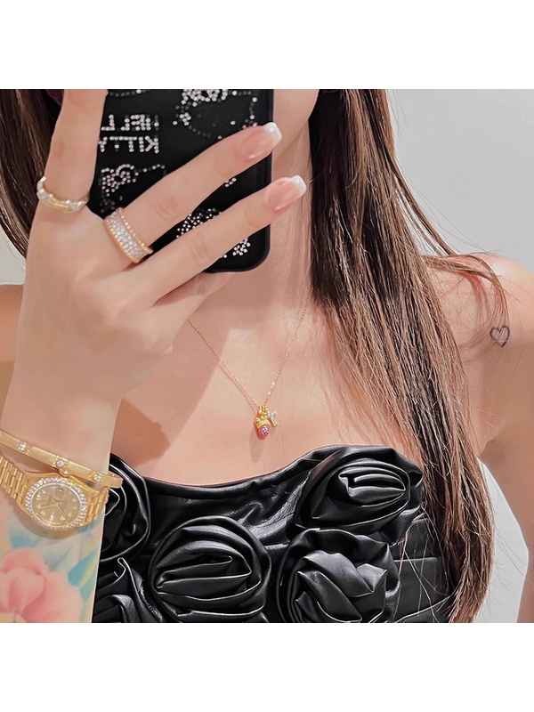 Golden Cross and Pink Acorn Charm Necklace