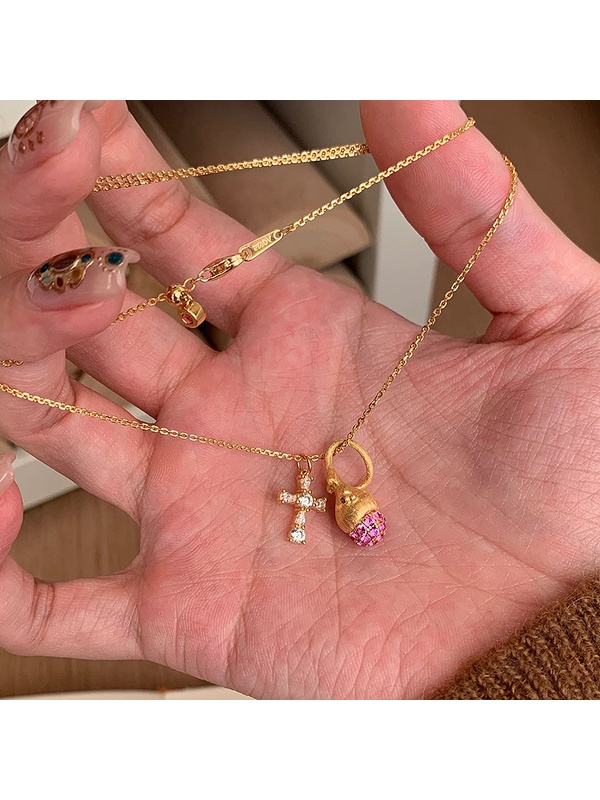 Golden Cross and Pink Acorn Charm Necklace