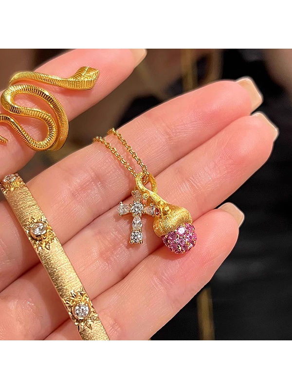 Golden Cross and Pink Acorn Charm Necklace
