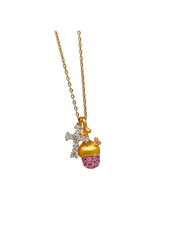 Golden Cross and Pink Acorn Charm Necklace