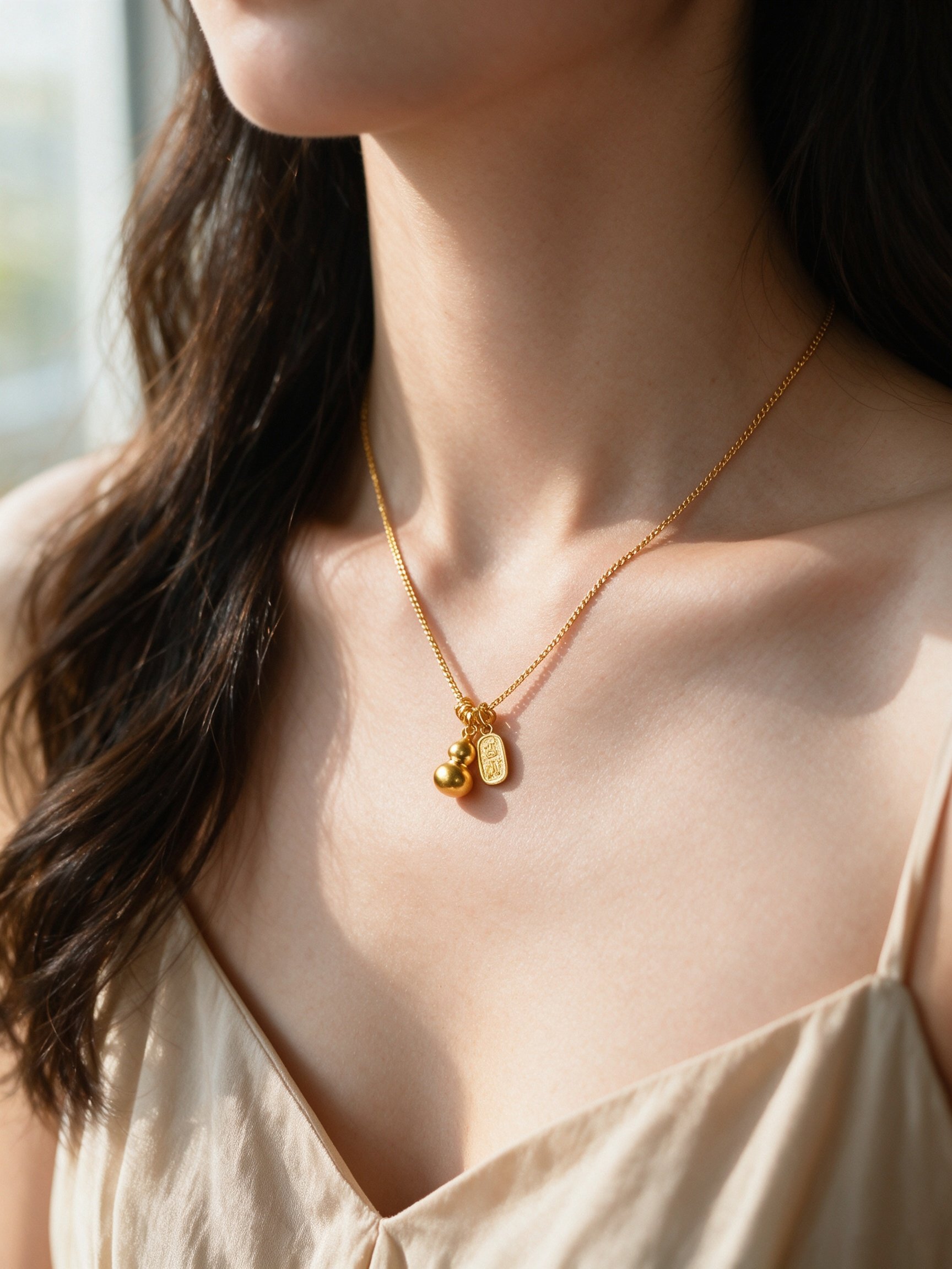 Gold Tone Gourd and Fortune Charm Necklace