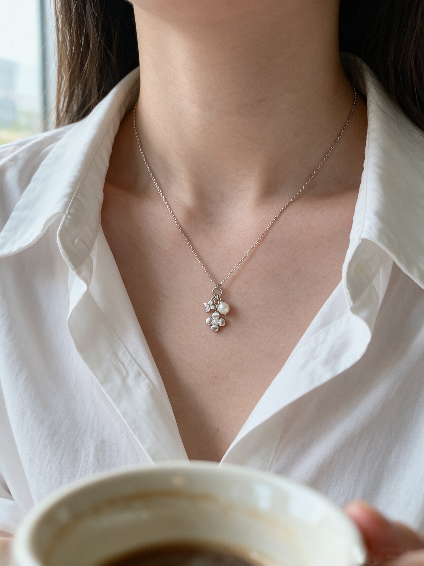 Silver Tone Clover and Pearl Charm Necklace
