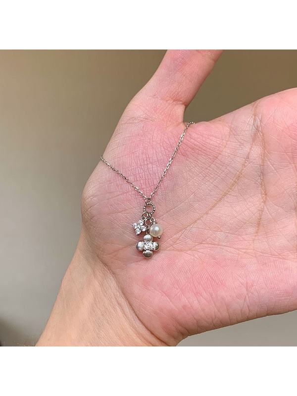 Silver Tone Clover and Pearl Charm Necklace